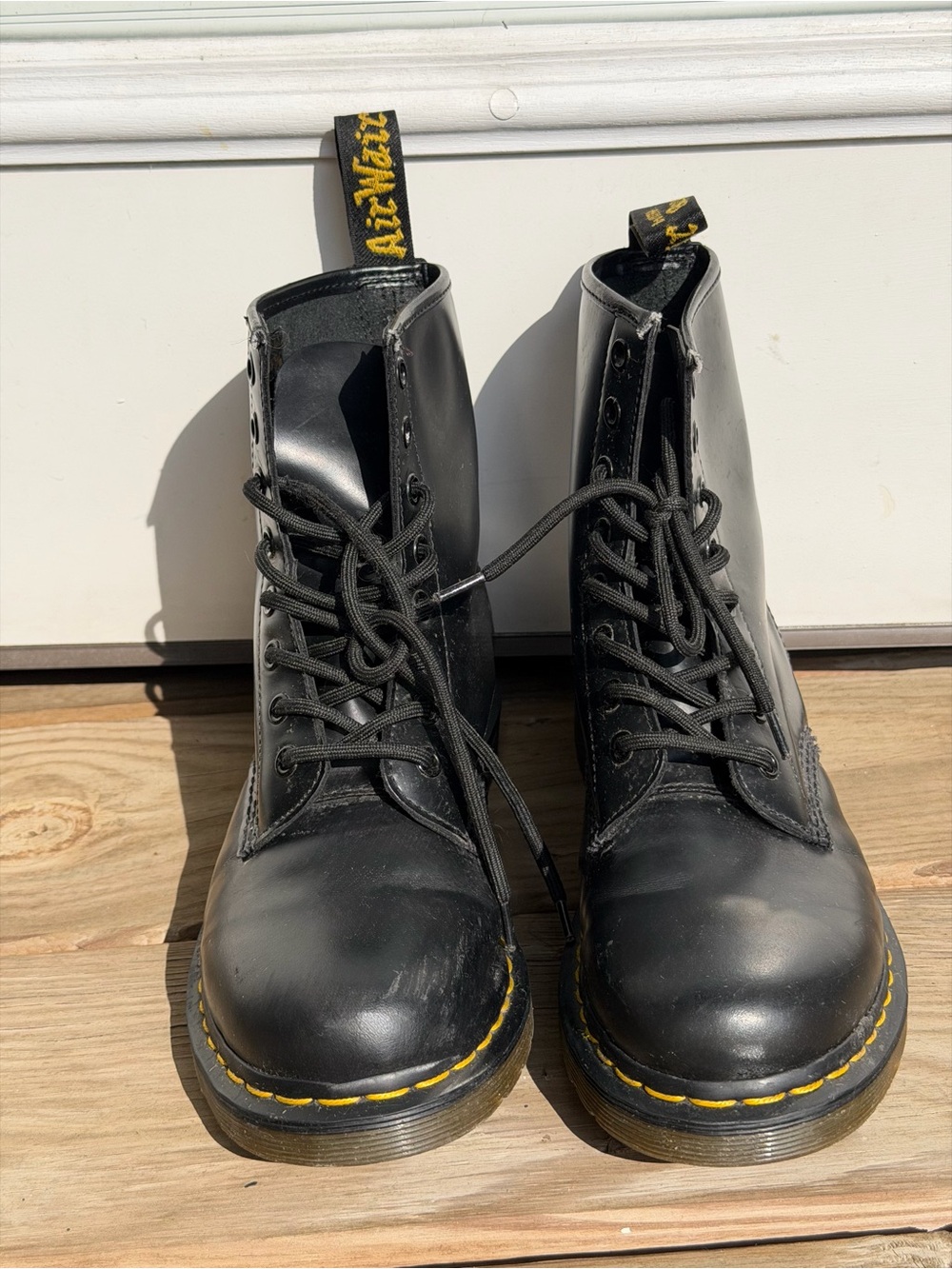 Dr. Martens Black Leather Lace-Up Ankle Boots with Yellow Stitching